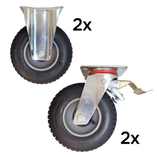 Pack de roues pneumatiques Ø 210 <br />(2x Fixes + 2x Pivotantes freinées)