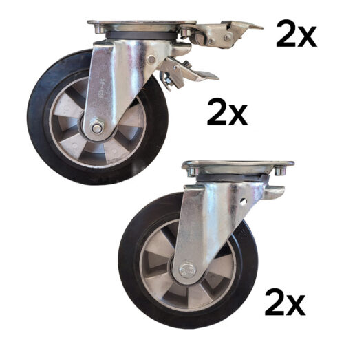 Pack de roues caoutchouc Ø 200x50<br />(2x Pivotantes + 2x Pivotantes freinées + 2x Blocages directionnels)