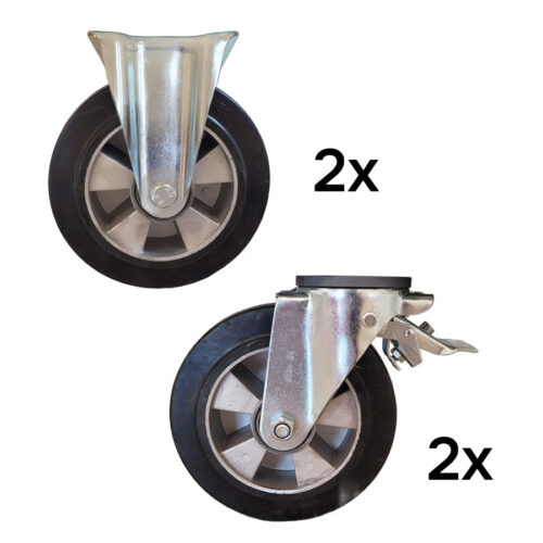 Ø 200x50 Rubber wheel set (2x fixed + 2x braked swivel wheels)